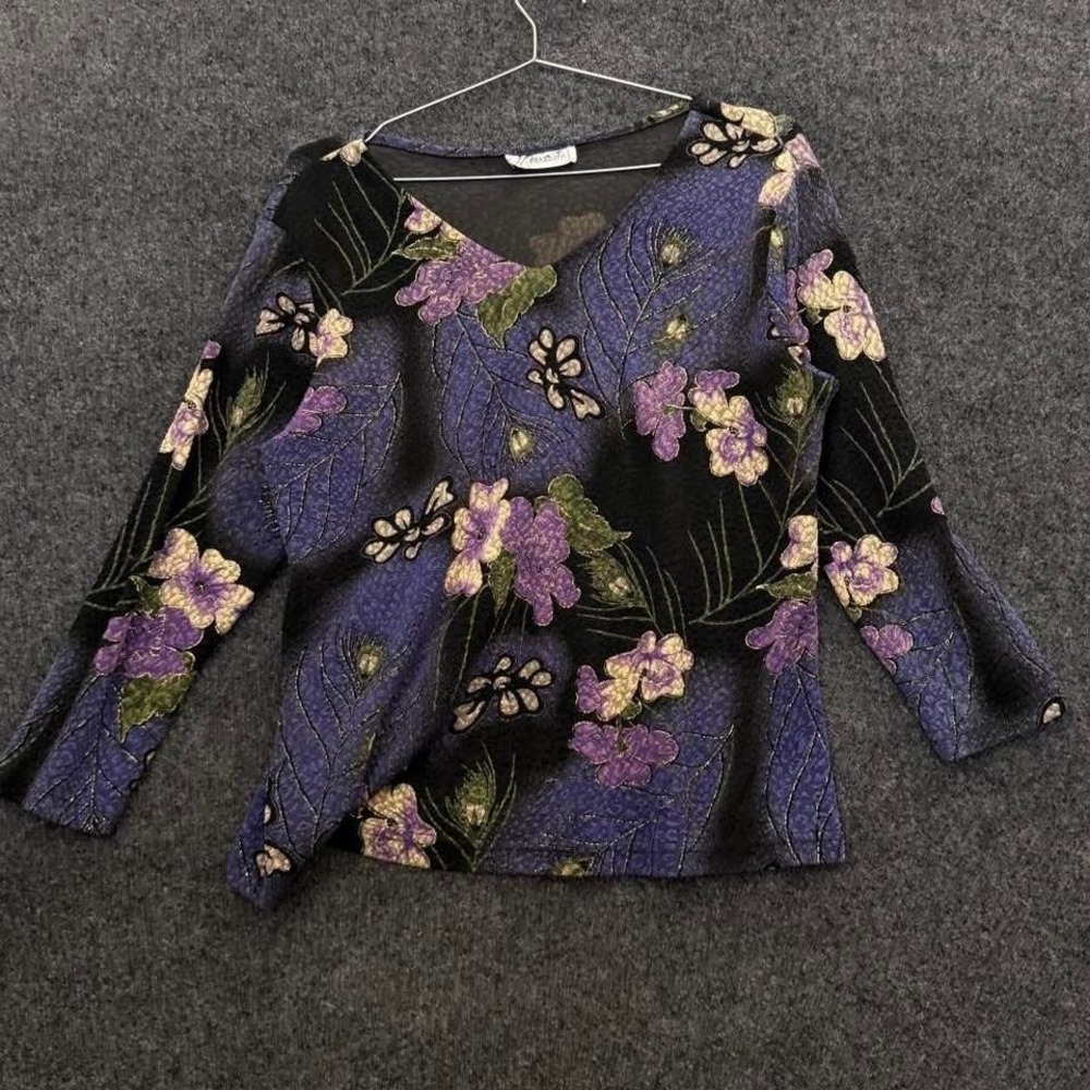Dressbarn Purple Floral Textured 3/4 Womens Medium Sleeve Vintage Blouse Top